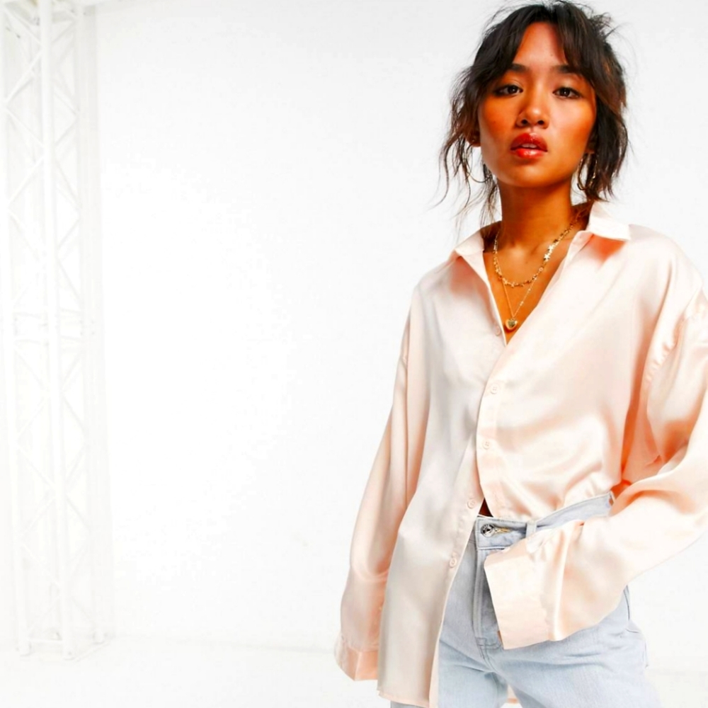 Misguided petite extreme oversized satin shirt blush NWT size 2